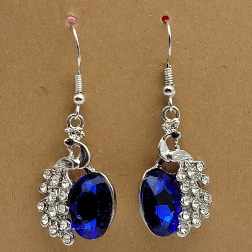 Blue And Clear Crystal Drop Earrings Statement Silver Tone French Wire 1 in New